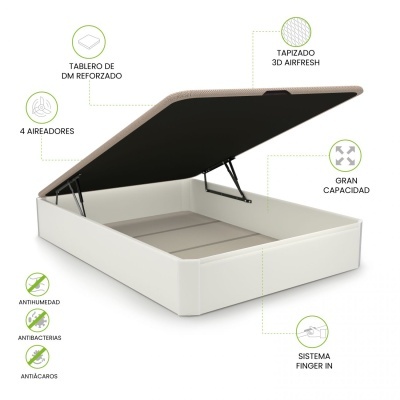 Base de cama branca com arrumação e tampa bege almofadada