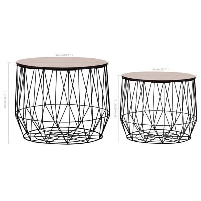 Conjunto de duas mesas de centro redondas com tampo de madeira clara e estrutura metálica preta geométrica