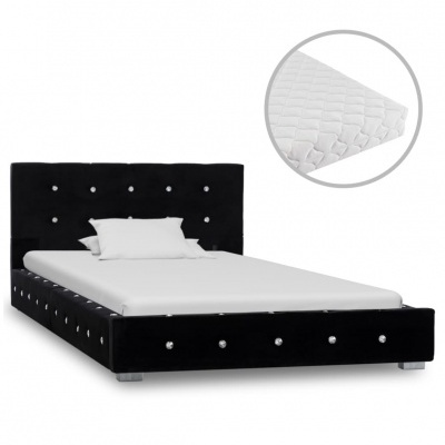 Cama de solteiro com estrutura preta estofada e colchão branco