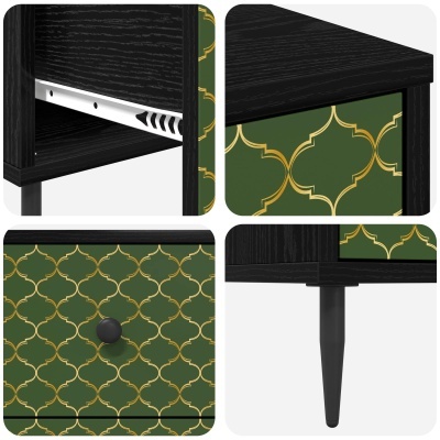 Mesa preta com gaveta verde e padrão dourado