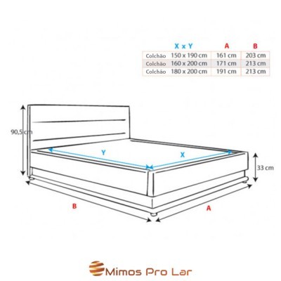 Esquema com medidas de cama e colchão em centímetros
