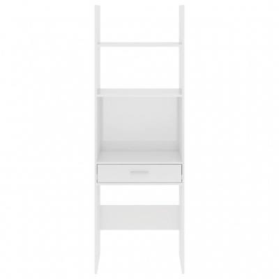 Estante multifuncional branca em madeira com prateleiras e gaveta.