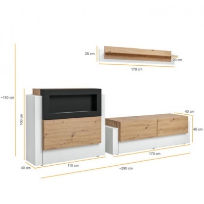 Conjunto de móveis para sala com armário alto, prateleira e móvel baixo em madeira clara e branca