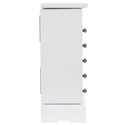 Cómoda branca pequena vista de lado com cinco puxadores dourados