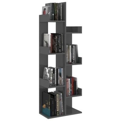 Estante de livros cinza escuro com livros variados