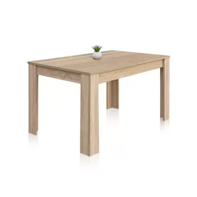 Mesa quadrada de madeira clara com planta em vaso branco no topo