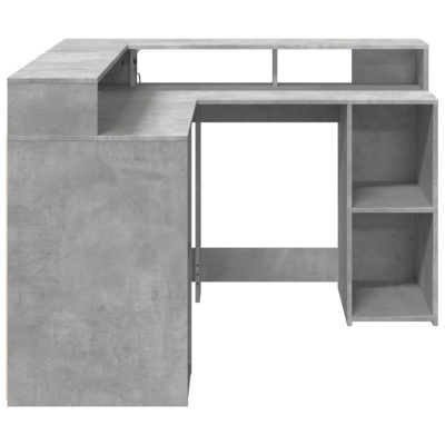 Secretária em cimento cinzento com várias prateleiras e design em L