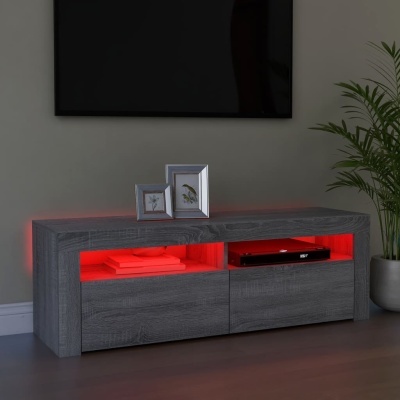 Móvel de televisão em madeira cinzenta com iluminação vermelha em prateleiras, molduras de fotos e planta ao lado