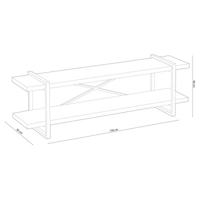 Desenho técnico de estante de apoio com duas prateleiras e barras metálicas cruzadas, com medidas indicadas.