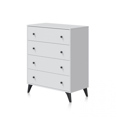 Cómoda branca com quatro gavetas e puxadores pretos sobre pernas pretas