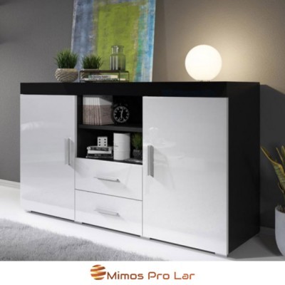 Aparador moderno preto com portas brancas brilhantes, duas gavetas centrais e decoração com plantas