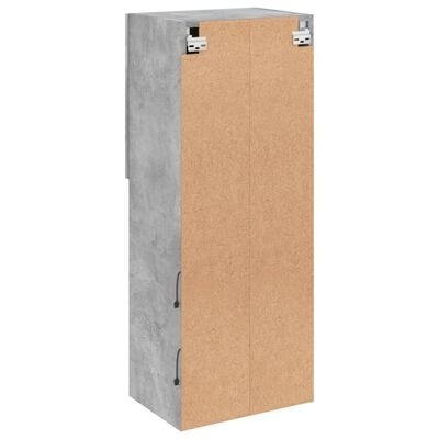 Armário alto cinza com portas MDF castanho claro e puxadores pretos