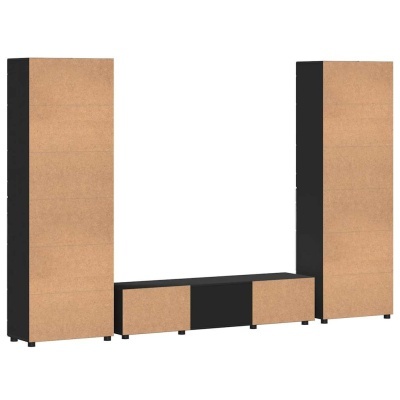 Conjunto de móveis para sala com armários altos e base baixa em madeira clara e preto