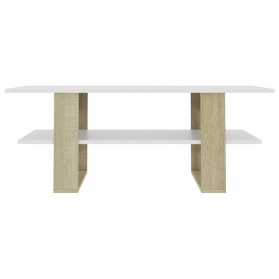 Mesa retangular branca com suportes de madeira clara