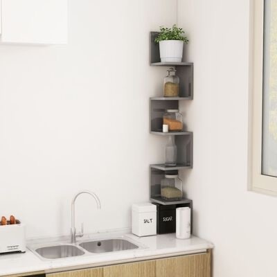 Prateleira de parede zig-zag cinzenta com frascos e recipientes na cozinha