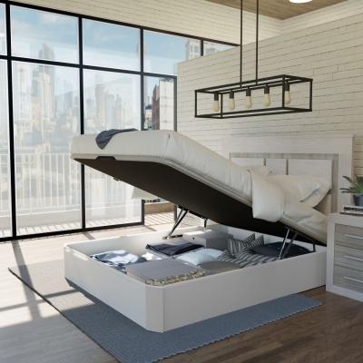 Cama branca com arrumação elevada, em quarto moderno com grande janela e parede branca de tijolo