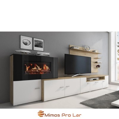 Conjunto móvel sala madeira clara e branco com lareira e TV