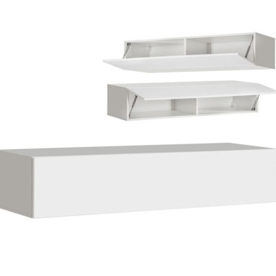 Conjunto de móveis suspensos brancos com portas de abertura para cima