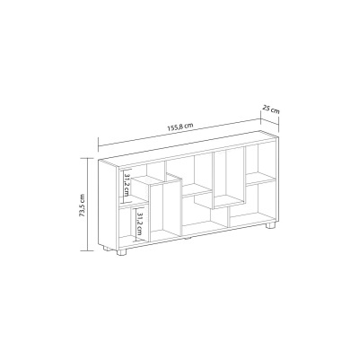 Móvel de arrumação em madeira com prateleiras e medidas em cm