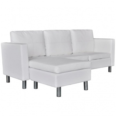 Sofá chaise longue branco com estofos em couro sintético e pernas pretas cilíndricas