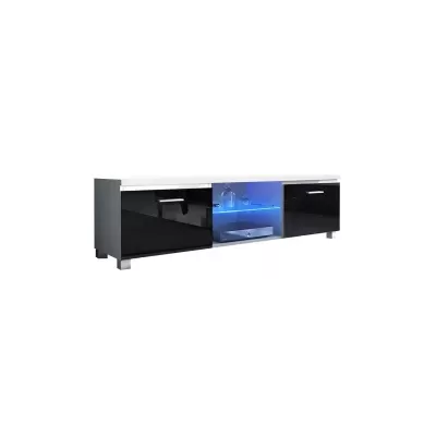 Móvel TV preto brilhante com tampo branco e iluminação azul central
