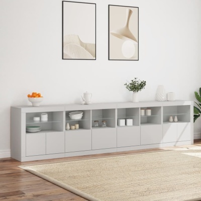 Aparelho móvel branco com prateleiras e decoração, em ambiente minimalista
