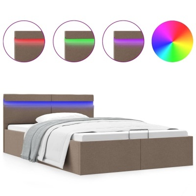 Cama estofada castanha com cabeceira e iluminação LED colorida ajustável