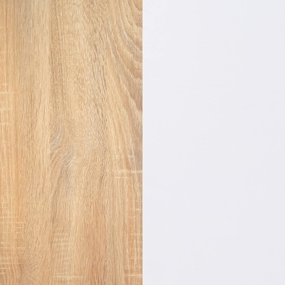 Amostras retangulares lado a lado, madeira clara com veios e branco liso