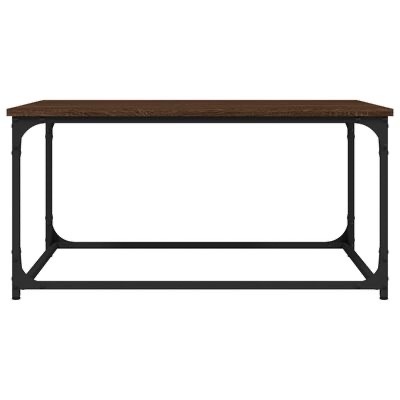 Mesa retangular com tampo castanho escuro e estrutura metálica preta