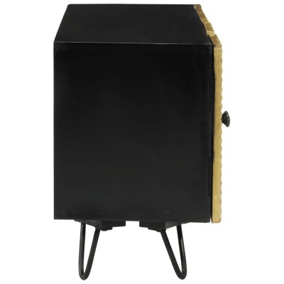 Produto retangular preto com detalhes amarelos e pernas de metal