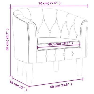 Desenho técnico de poltrona com dimensões em cm e polegadas