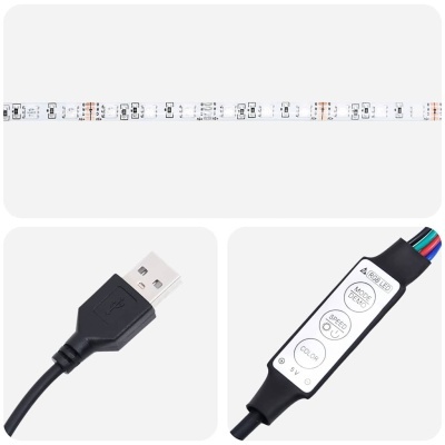 Fita LED RGB com controlador preto e entrada USB