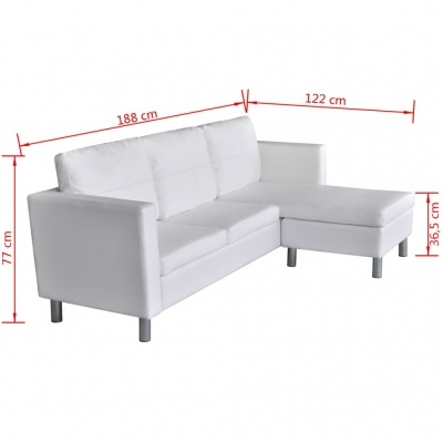 Sofá branco com chaise longue, pernas metálicas, medidas indicadas.
