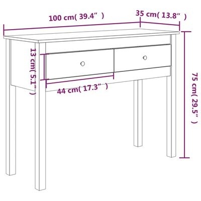 Desenho técnico de uma mesa com duas gavetas e dimensões em centímetros e polegadas.