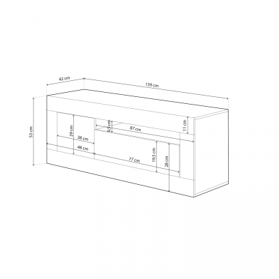 Móvel com dimensões técnicas em desenho em fundo branco.