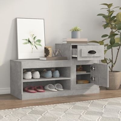 SAPATEIRA cinza com prateleiras e gaveta aberta, decorada com plantas, livros, vela e quadro com planta