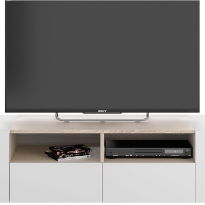 Móvel de televisão branco com televisão preta Sony, DVD e planta em vaso de vidro