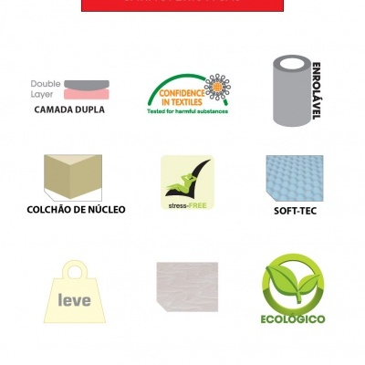 Ícones característicos do produto mostrando camada dupla, enrolável, colchão de núcleo, Soft-Tec, leve e ecológico.
