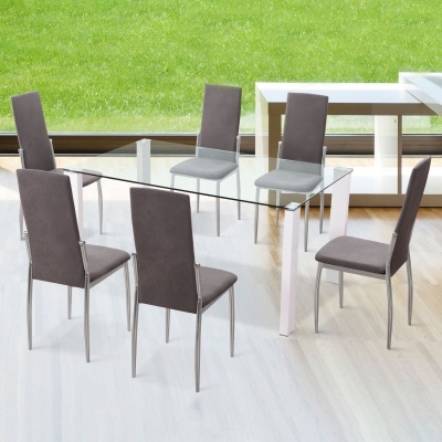 Mesa de jantar com tampo de vidro e seis cadeiras cinza escuro