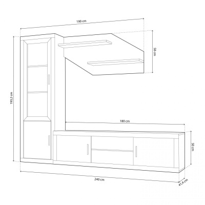 Desenho de móvel para sala com prateleiras e compartimentos, com dimensões em cm