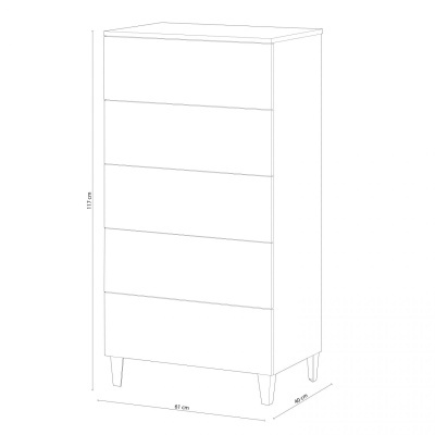 Desenho técnico de cómoda alta com cinco gavetas e dimensões