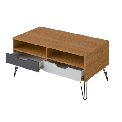 Mesa de centro em madeira com prateleiras e gavetas coloridas