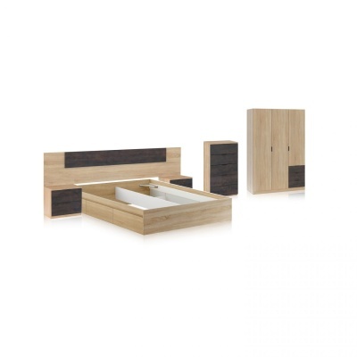 Conjunto de móveis para quarto com cama, mesas de cabeceira, cómoda e guarda-roupa em madeira clara e detalhes escuros
