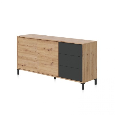 Aparador de madeira carvalho com gavetas cinzentas e pés pretos