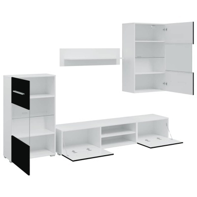 Conjunto de móveis em branco e preto com várias portas e prateleiras