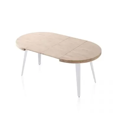 Mesa de jantar extensível oval em madeira clara e pernas brancas