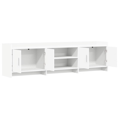 Móvel branco com três portas abertas e prateleiras interiores