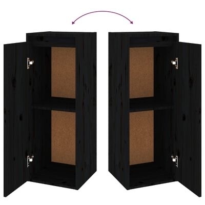 Armário vertical preto com duas portas abertas e interior castanho