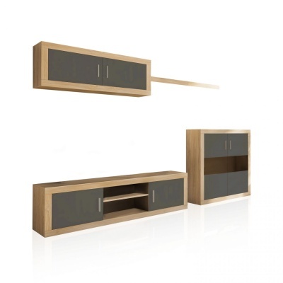 Conjunto de móveis para sala em madeira clara e portas cinza fosco