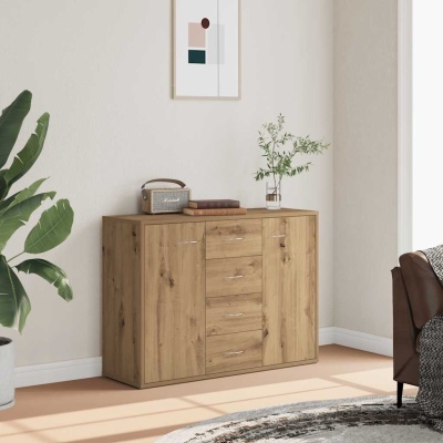 Cântico moderno em madeira clara com gavetas e portas, decorado com rádio, livros e vaso com plantas em sala iluminada.